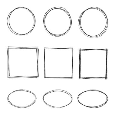 El çizim çemberinin vektör çizimi, oval, kare çizim seti şeffaf arkaplanda izole edildi. Sanat tasarımı dairesel karalama. İleti notu işareti için soyut grafik ögesi.