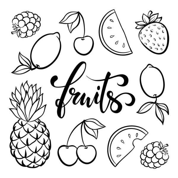 Σύμβολα Vector Φρούτα Doodle Περίγραμμα Σχέδιο Των Τροπικών Φρούτων Μούρα — Διανυσματικό Αρχείο