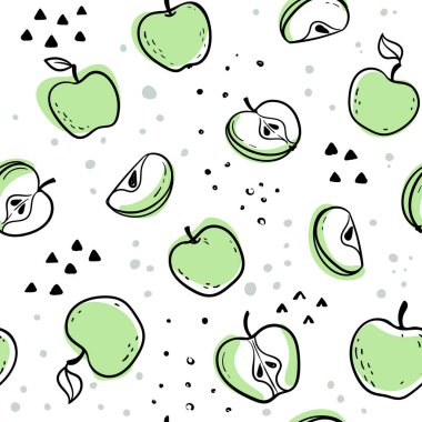 Güzel, siyah ve beyaz karalama desenli, sevimli karalama elma çizimi. El çizimi moda arka plan. tasarım arkaplan tebrik kartları, davetiyeler, kumaş ve tekstil.