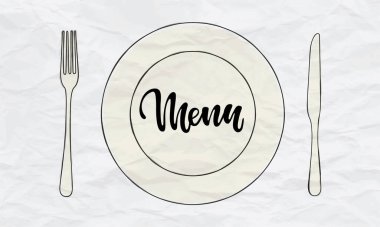 Bıçak, çatal, tabak vektör karalama simgeleri ve harf mönüsü. Menü restoranı ve kafe için tasarım. Mutfak çatal bıçak takımı, menü restoranı ve kafe yazım hatası..