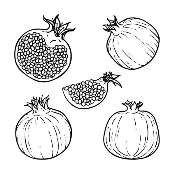 Set Van Zwart Witte Granaatappels Gezond Vegetarisch Voedsel Stripverhaal Stijl — Stockvector