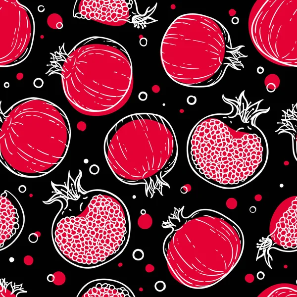 Безшовний Візерунок Чорних Червоних Білих Гранат Здорова Вегетаріанська Їжа Мультфільм — стоковий вектор