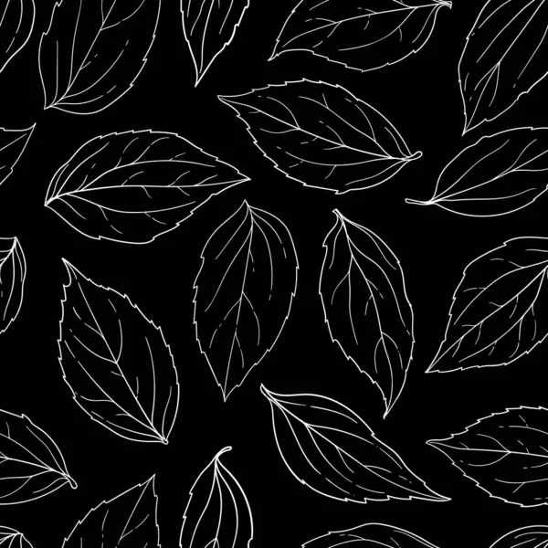 Seamless Pattern Black White Leaves Background Hand Drawn Sketch Doodle — Stock Vector