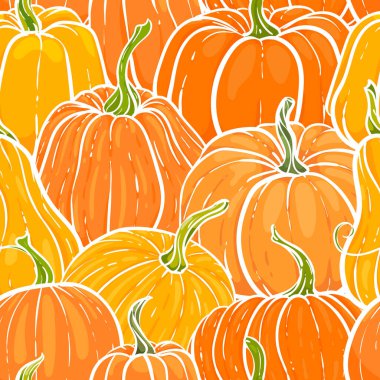 Çizgi film tarzında el çizimi balkabağı desenli kusursuz desen. Güzel sonbahar desenli tekstil. Kutlama kartı tasarımı ve mevsimsel sonbahar bayramı davetiyesi Cadılar Bayramı, Şükran Günü, hasat. Sonbahar.