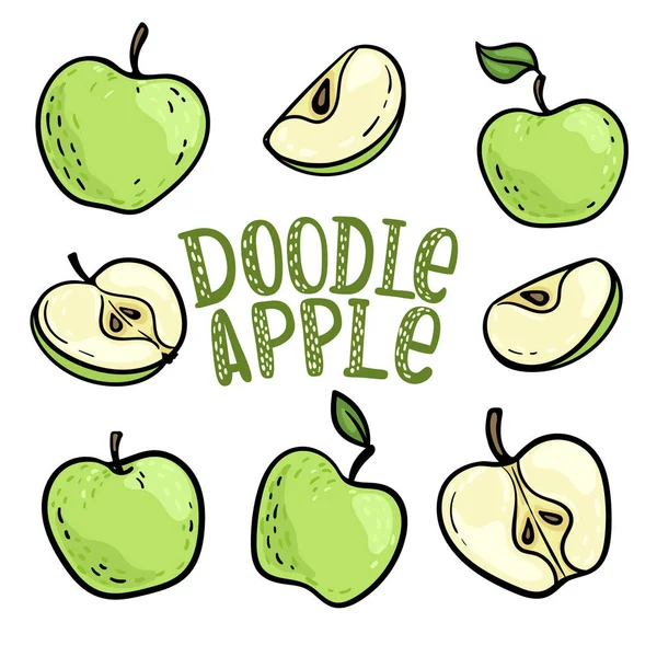 Uppsättning Doodle Gröna Äpplen Med Stam Och Blad Friska Vegetariska — Stock vektor