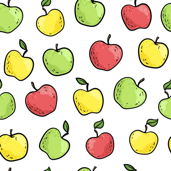 Naadloze Doodle Patroon Met Schattige Doodle Groene Rode Gele Appels — Stockvector