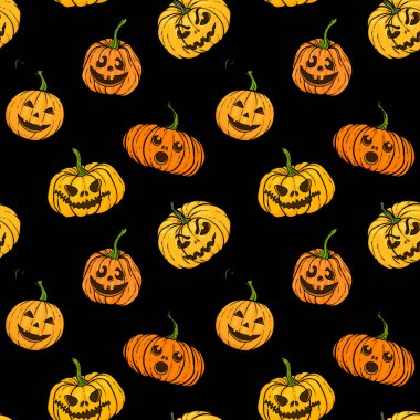 Cadılar Bayramı balkabağı. Kusursuz turuncu balkabağı desenleri ve korkutucu gülümseyen parlak yüzleri var. Bayram tebrik kartı ve davetiye tasarımı, el ilanları, posterler, bayram bayramı pankartları..