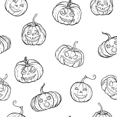 Cadılar Bayramı 'nda siyah beyaz balkabaklarının kusursuz desenleri ve korkutucu gülümseyen sevimli yüzleri vardı. Bayram tebrik kartı ve davetiye tasarımı, el ilanları, posterler, bayram bayramı pankartları..