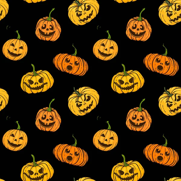 Halloween Tökfej Zökkenőmentes Minta Narancs Tök Faragás Ijesztő Mosolygós Aranyos — Stock Vector