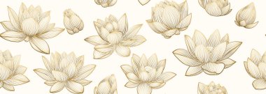 Nilüferli, pürüzsüz Çin deseni. Altın çizgili nilüfer çiçekleri ve açık arkaplanda yapraklar. El çizimi botanik zarifliği sanat tarzında altın renginde çiçek.