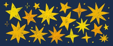 Altın tebeşirle çizilmiş yıldızlar. Parlak ya da parlak karalama koleksiyonu. Çocuklar, gece gökyüzünün elementlerini çizen sarı balmumu kalem eller çizerler. Pastel çizik grunge desen yıldız şekilleri.