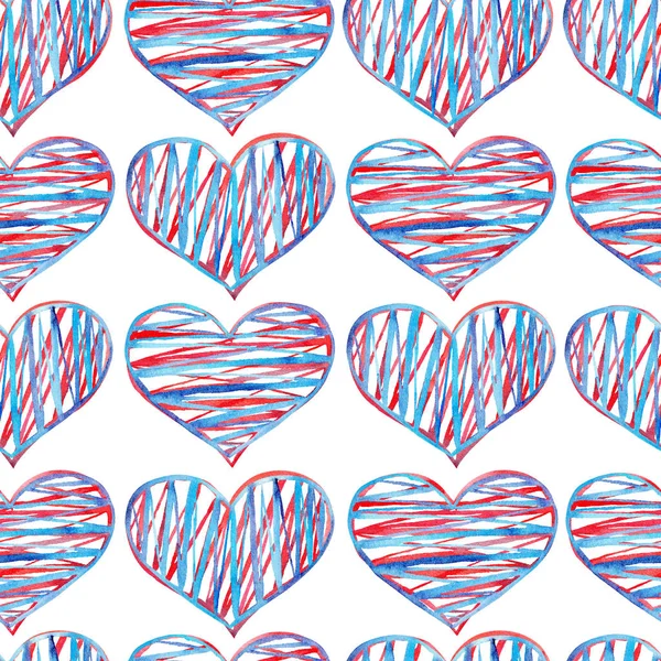 Watercolor blue hearts seamless pattern.