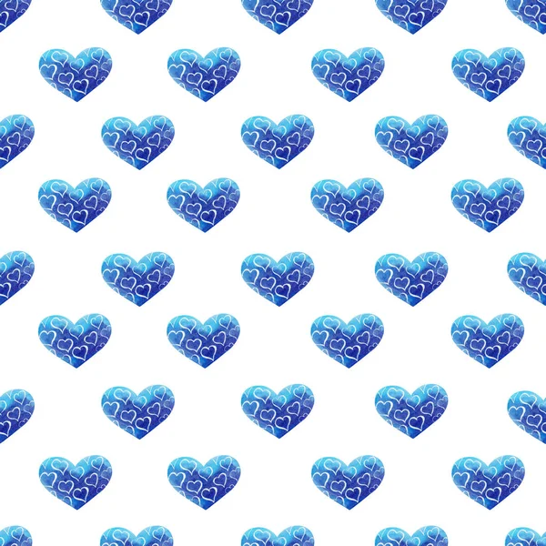 Watercolor blue hearts seamless pattern.
