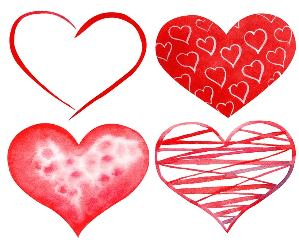 Sada akvarel ručně malované červené srdce. Symbol lásky. — Stock fotografie