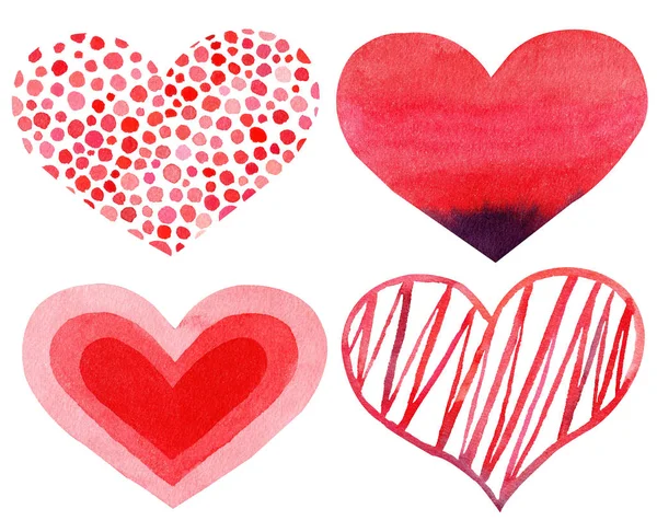 Uppsättning av akvarell handmålade röda hjärtan. Symbol för kärlek. — Stockfoto
