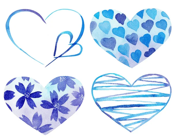 Uppsättning av akvarell handmålade blå hjärtan. Symbol för kärlek. — Stockfoto