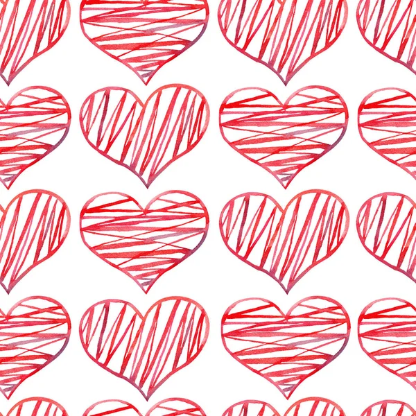 Watercolor red hearts seamless pattern.