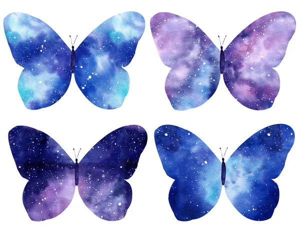 Beyaz arka plan üzerinde izole suluboya gökada kelebekler dizi. — Stok fotoğraf