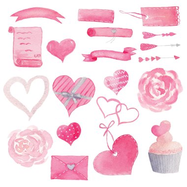 El boyalı suluboya Kalpler, pasta, çiçekler, oklar, dizi illüstrasyon afiş. Düğün, davet, Bloglar, şablon kartı, doğum, Bebek kartlar, tebrik, logo, Gelin kartı için izole clipart.