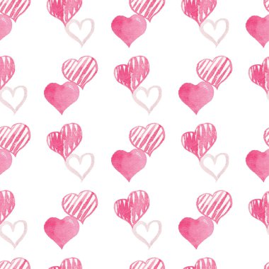 Sulu Boya Dikişsiz desen parlak pembe kalpler ile. Şirin dekoratif arka plan. Sezon dekorasyon, kağıt ambalaj için duvar kağıdı.