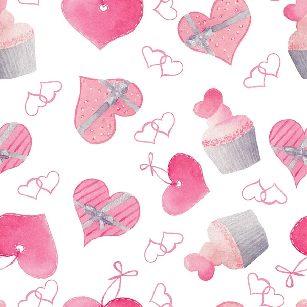 Акварельний Безшовний Візерунок Яскраво Рожевими Сердечками Тортами Милий Декоративний Фон — стокове фото