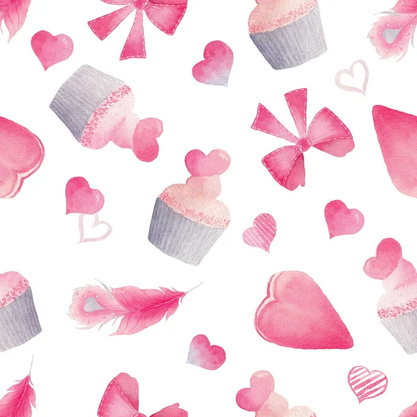 水彩无缝图案 有明亮的粉红色心 蛋糕和羽毛 可爱的装饰背景 用于季节装饰的壁纸 包装纸 — 图库照片