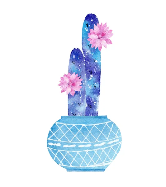 Aquarel galaxy handbeschilderd cactus plant geïsoleerd op witte achtergrond. — Stockfoto