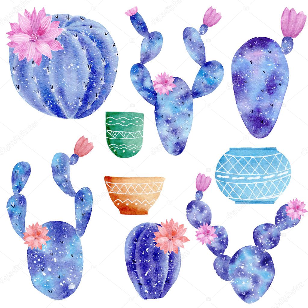 Watercolor hand drawn set with galaxy cactuses isolated on white
