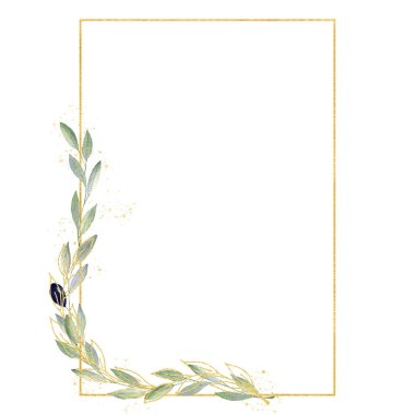 Sulu Boya yeşil zeytin yeşil ve altın renkleri çerçevede. Çerçeve, sınır, arka plan.