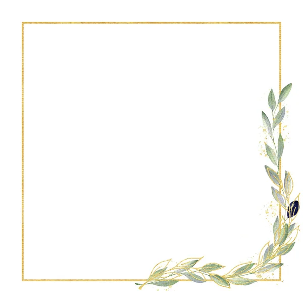 Verde acuarela marco de olivo en colores verde y dorado. Marco, frontera, fondo . — Foto de Stock