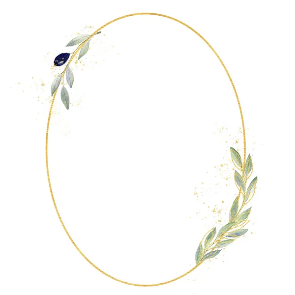 Akwarela zielenią oliwek ramki w kolorach zieleni i złota. Ramki, obramowania, tło. — Zdjęcie stockowe