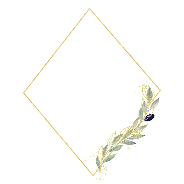 Aquarel groen Olive frame in groene en gouden kleuren. Frame, — Stockfoto