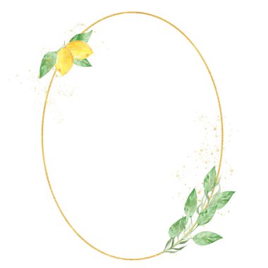 Yeşil ve altın renklerde suluboya yeşillikler limon çerçevesi. Çerçeve, kenarlık, arka plan.