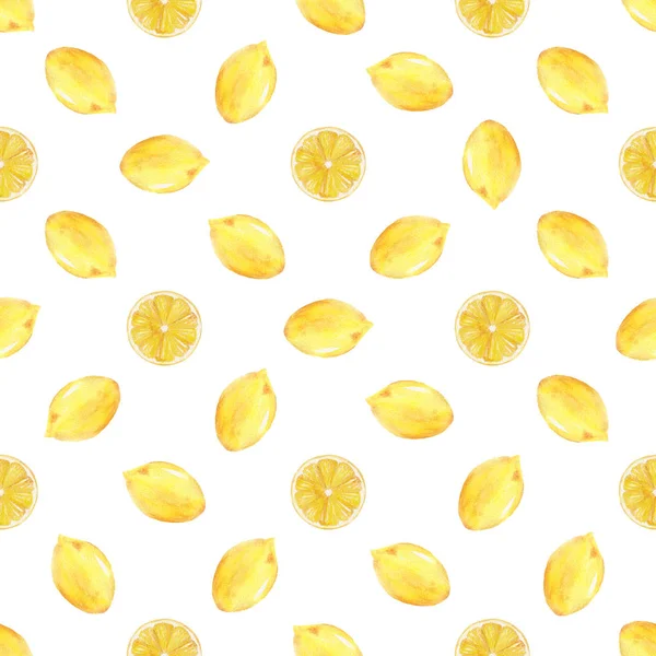 Watercolor handmade seamless pattern with yellow lemon fruit slices. — Stock Photo, Image