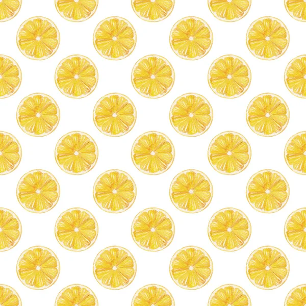 Aquarell handgefertigte nahtlose Muster mit gelben Zitronenfruchtscheiben. — Stockfoto