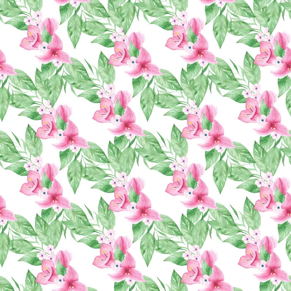 Watercolor pink seamless pattern with flowers and grren branches, hand drawn background — Stock Photo, Image