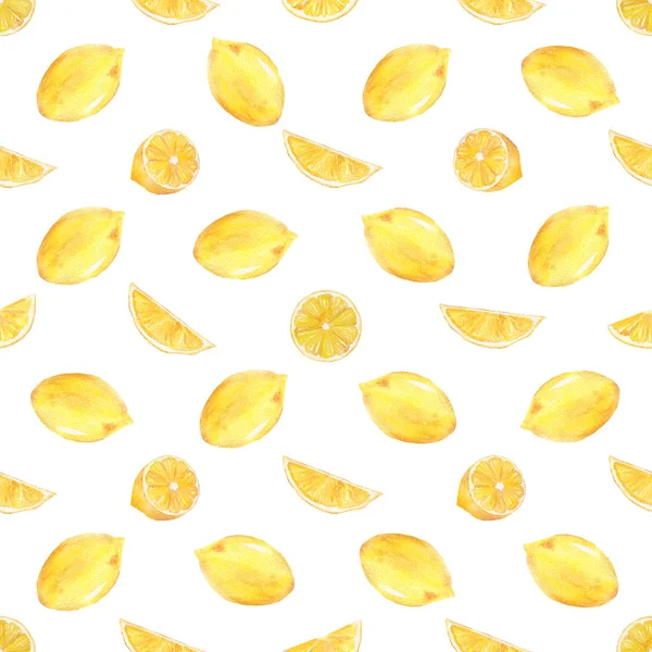 Watercolor kézzel varratmentes mintával, sárga citrom gyümölcs szelet. — Stock Fotó