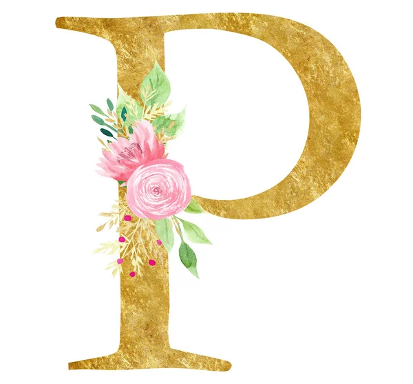 Capital P letter with leaves raster illustration — Stock Photo, Image