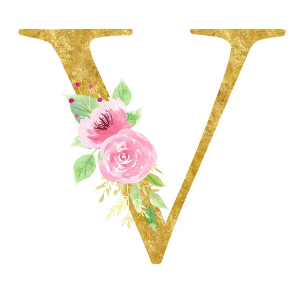 Initial V letter with rose raster illustration — Stock Photo, Image