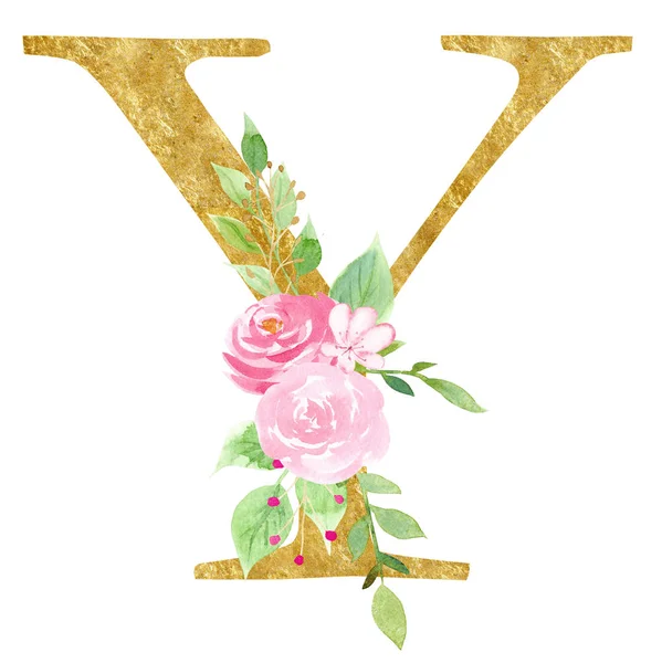 Latin Y letter with foliage raster illustration — Stock Photo, Image