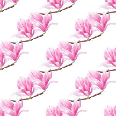 Dal el çizilmiş suluboya dikişsiz desen manolya çiçekleri