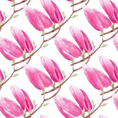 Manolya dalı el çizilmiş suluboya dikişsiz desen