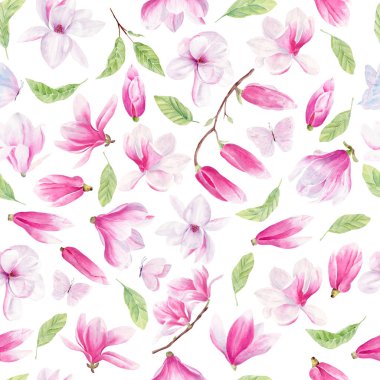 Çiçekler, yapraklar ve kelebekler el çizilmiş suluboya dikişsiz desen