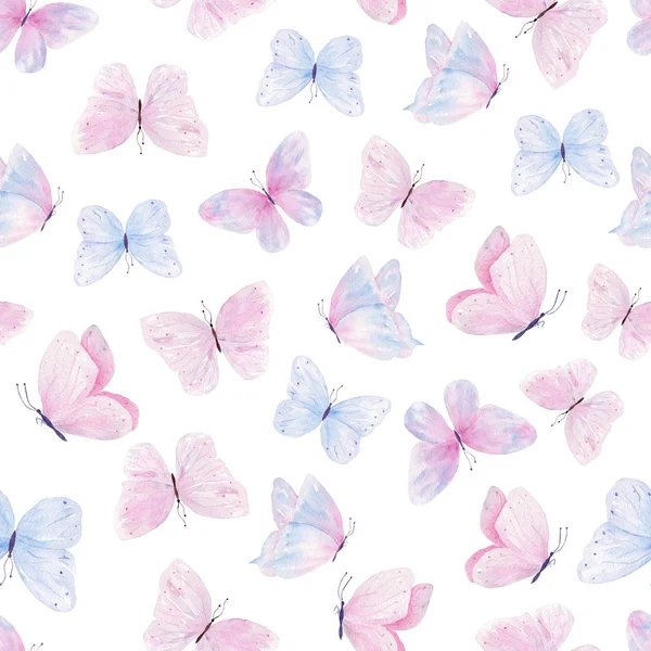 Śliczne motyle ręcznie rysowane akwarela bez szwu wzór — Zdjęcie stockowe