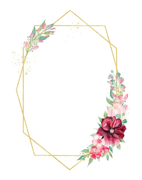 Blooming flower branch watercolor hand drawn raster frame template — Stock Photo, Image