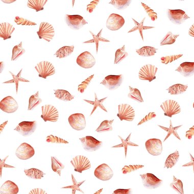 Sualtı akvaryumu, deniz kabuğu ve denizyıldızı dikişsiz suluboya raster desen