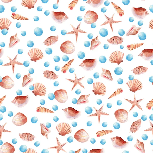 Tropical seashell and pearls seamless watercolor raster pattern