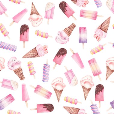 Suluboya yaz yemekleri dijital kağıdı. Dondurmanın pürüzsüz deseni beyaz arka planda izole edilmiş..