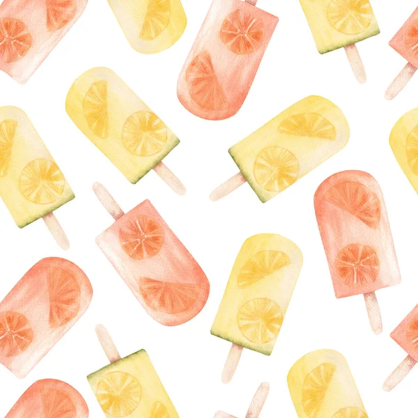 Papel digital de verão de picolés de limão e frutas de laranja. Clipart aquarela desenhado à mão. Isolado em branco . — Fotografia de Stock