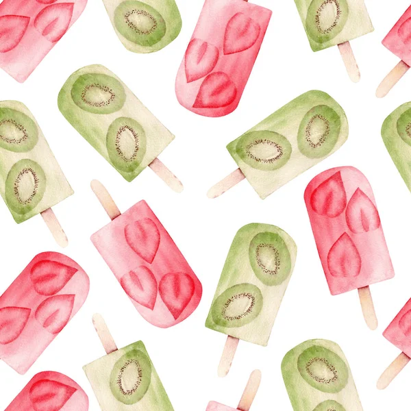 Papeis papel digital padrão sem costura. Kiwi e morango fruta pirulito sorvete clipart aquarela . — Fotografia de Stock